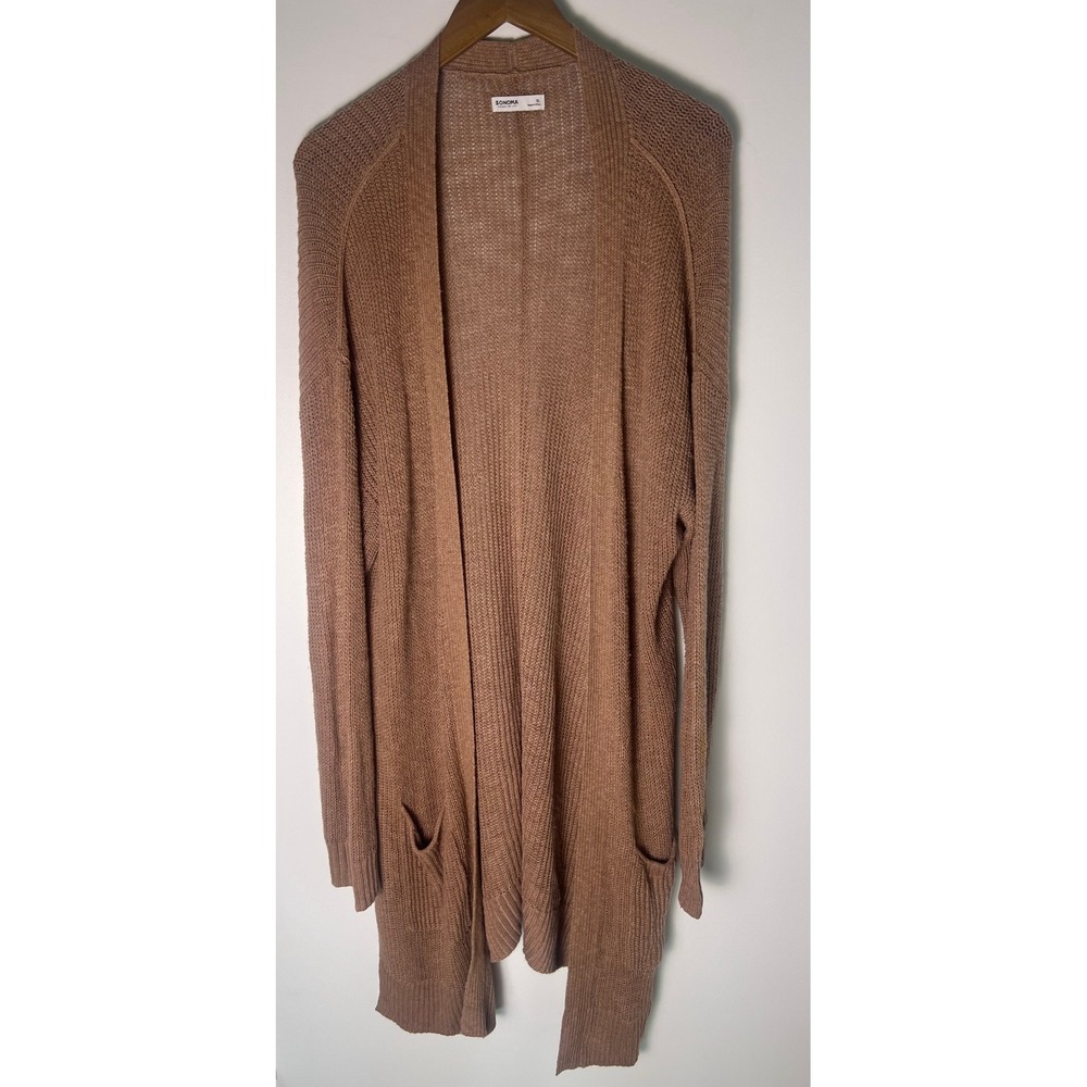 Sonoma Cardigan Wm XL Brown Open Front Long Sleeve Duster Knit Pocket Sweater